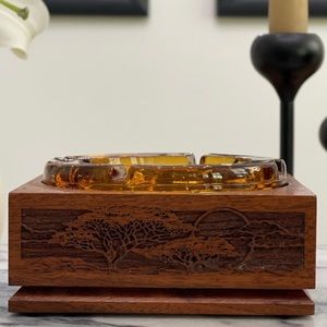 Vintage Amber Glass Ashtray or Trinket Dish with Detailed Woodworked Holder